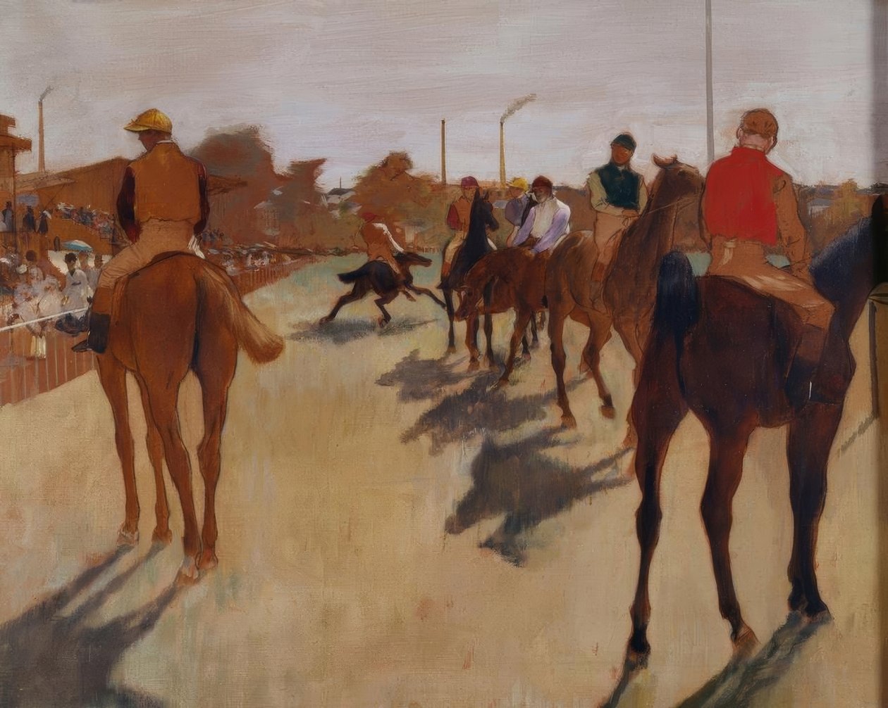 A felvonulás, más néven Racehorses a lelátó előtt alkotó: Edgar Degas