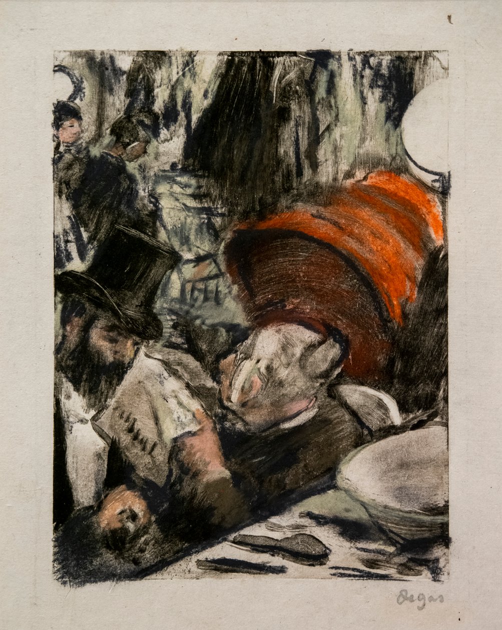 Ludovic Halevy egy öltözőben hallja Madame Cardinal történetét. 1876-1877 körül. Pasztell monotípián fekete tintával, első próba. alkotó: Edgar Degas