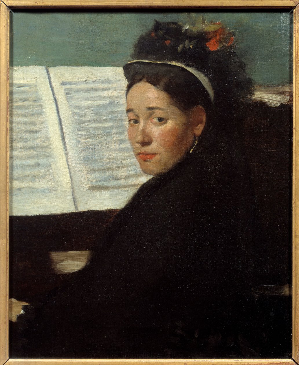 Mademoiselle Dihau (1843-1935) a koncertek zongoraművésze Oszlop, zongorán Edgar Degas (1834-1917) festménye 1869 V. 0,45x0,32 m Párizs, Muse d