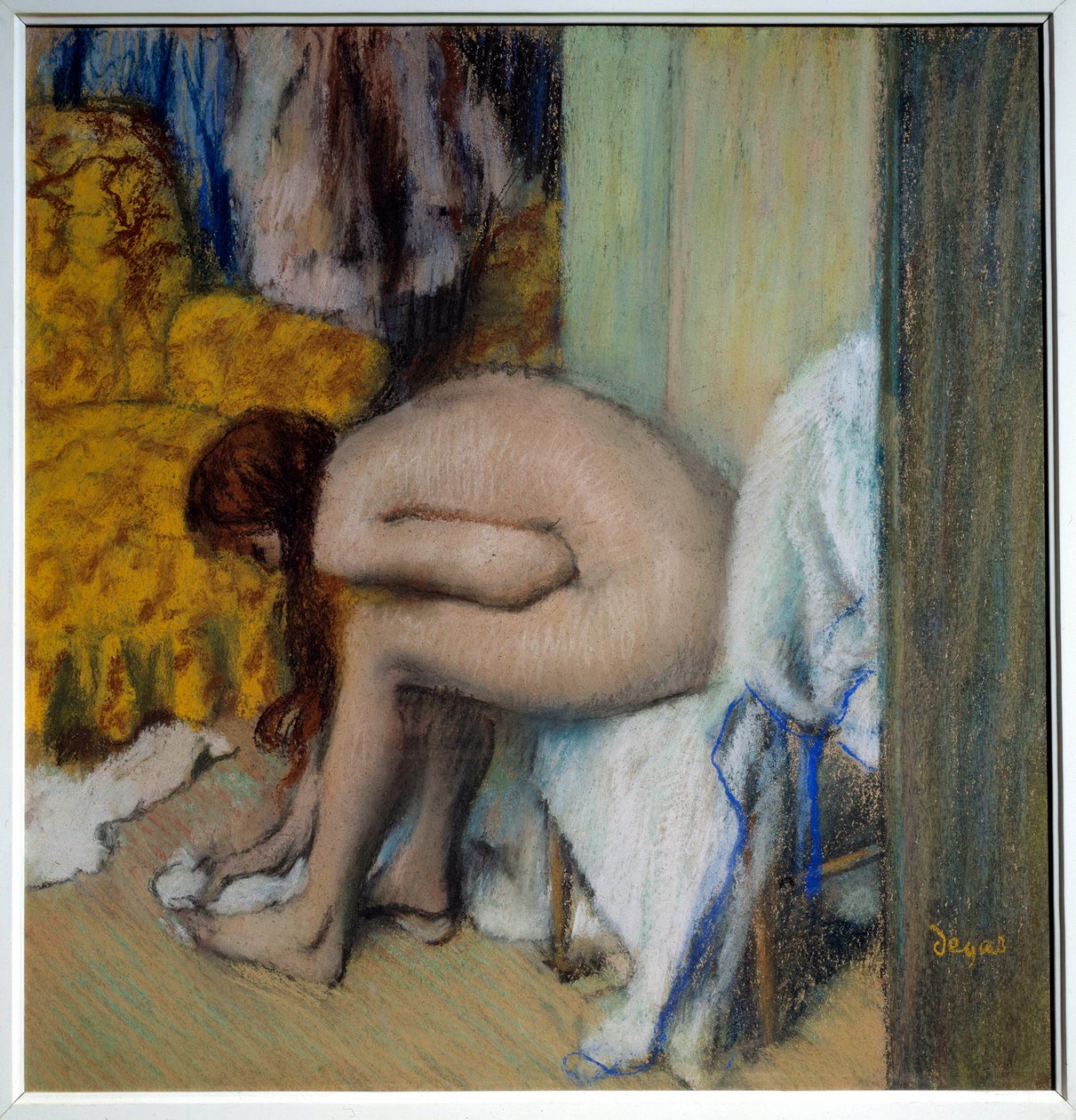 Meztelen nő a lábát törölgeti Egy nőnek van WC-je. Edgar Degas (1834-1917) festménye (monotípia fekete tintával). 1879-1893. Homályos. 0,45x0,23 m. Párizs, Musee d