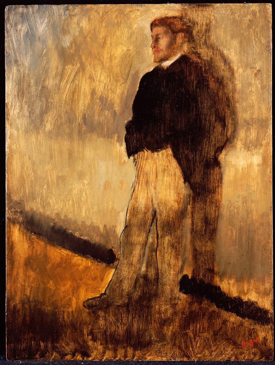 Egy férfi portréja áll a kezével a zsebében alkotó: Edgar Degas