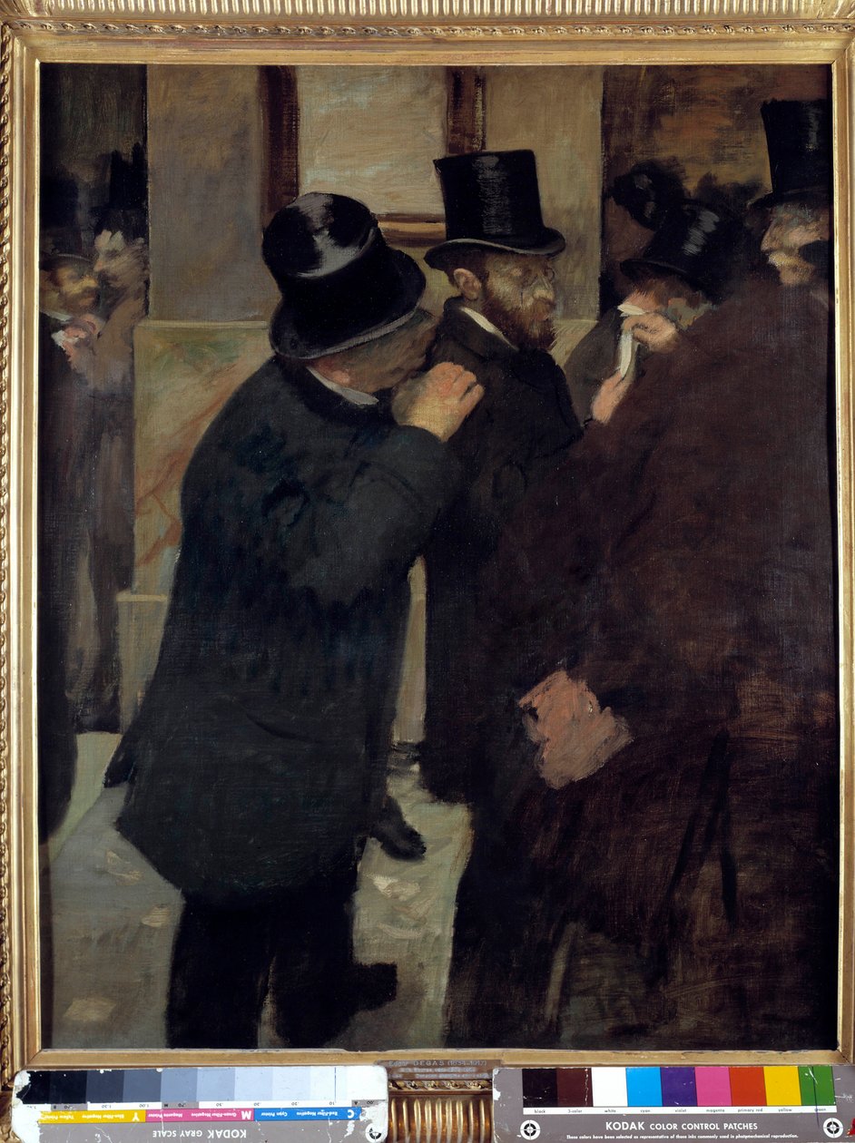 Portrék a tőzsdén vagy „A la Bourse”: Ernest May (1845-1925), pénzember és gyűjtő ábrázolása. Edgar Degas (1834-1917) festménye. 1878-1879. Mérete: 1,00 x 0,82 m. Párizs, Musee d