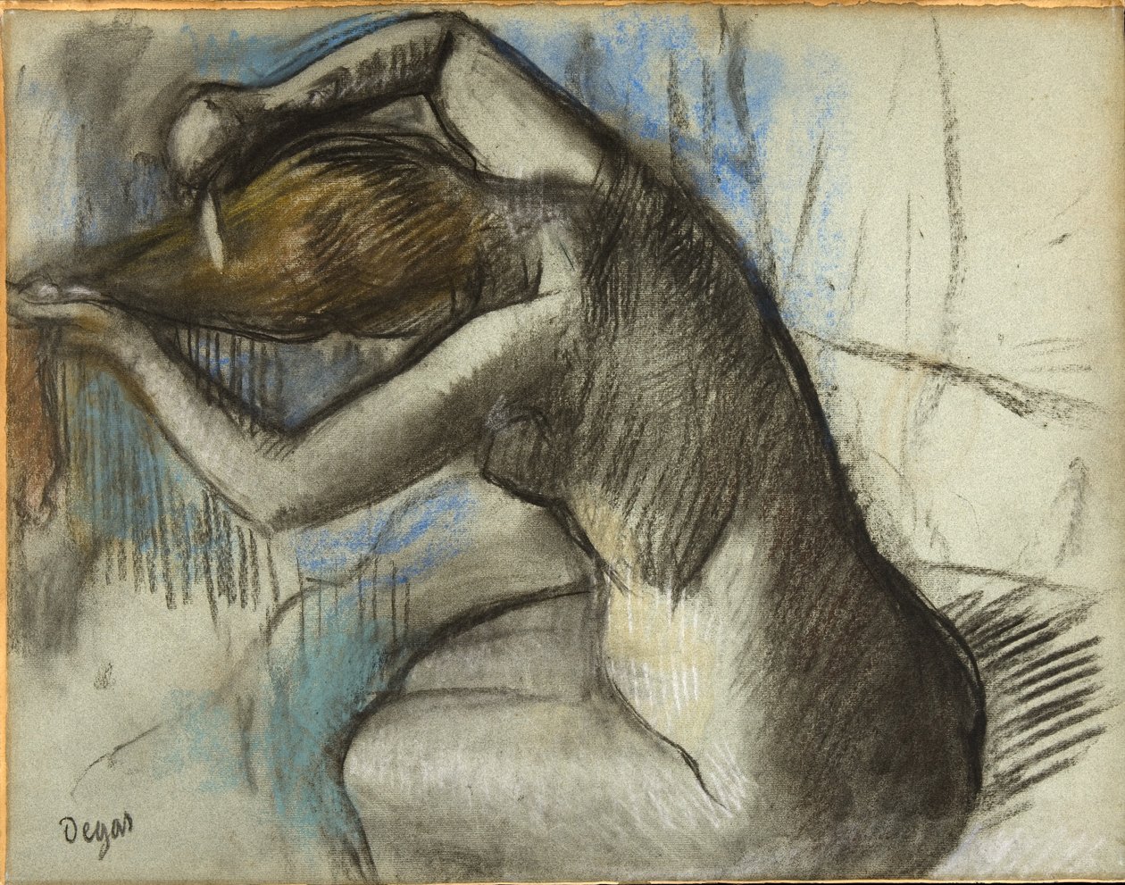 Ülő, meztelen nő, haját fésüli, 1885 körül (szén és pasztell, kék papíron) alkotó: Edgar Degas