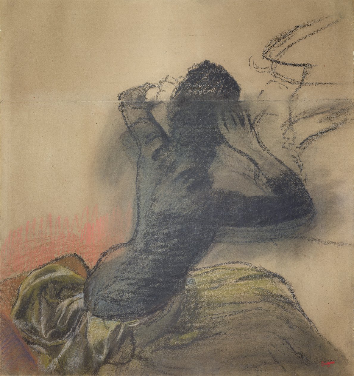 Ülő, haját igazgató nő, 1884 körül (kréta és pasztell papíron) alkotó: Edgar Degas