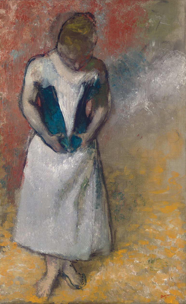 Álló nő elölről nézve, összefonja fűzőjét; Femme debout et vue de face, agrafant son fűző alkotó: Edgar Degas