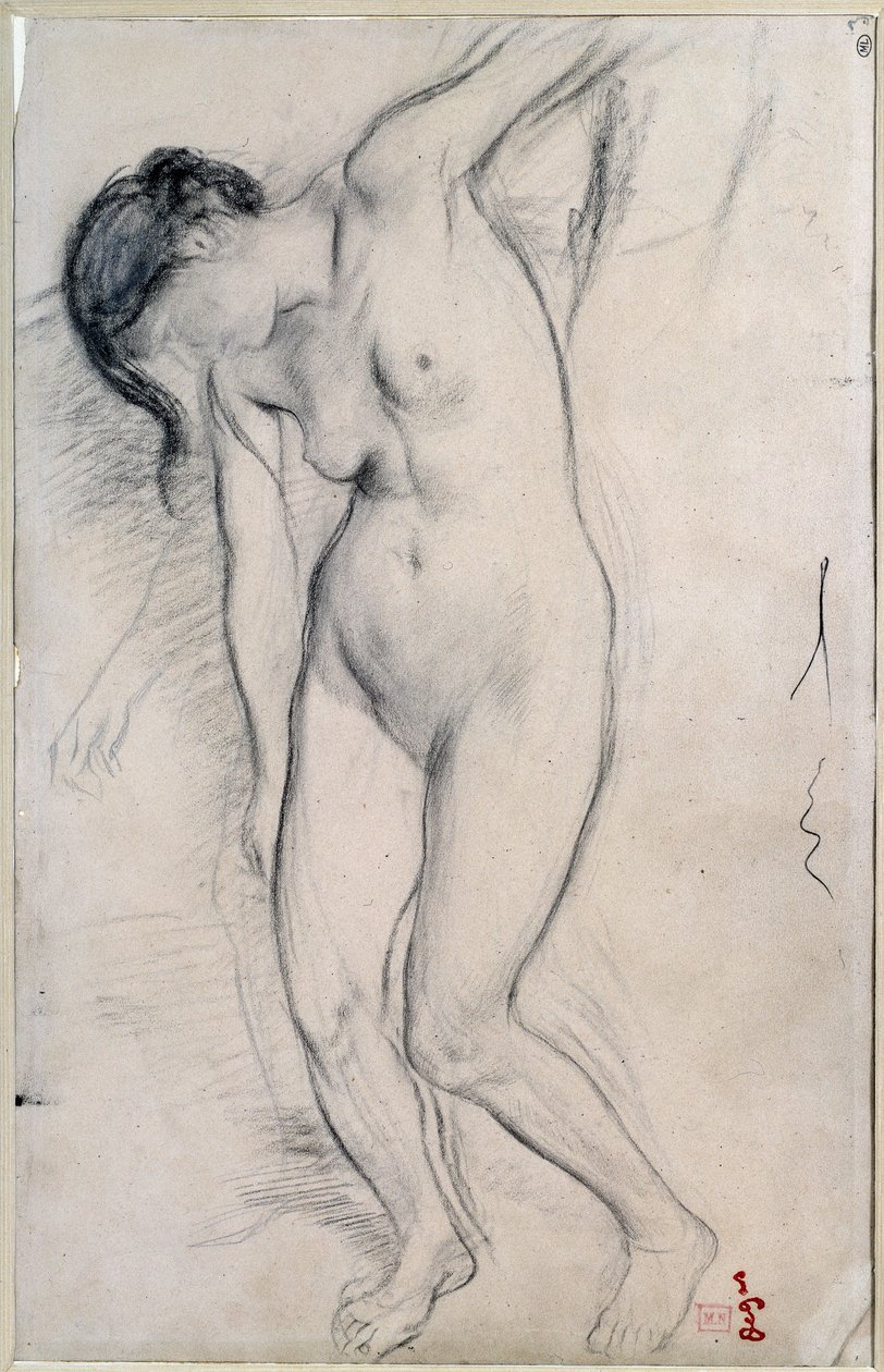 Tanulmány meztelen nőről, aki a „scene de guerre au mediumage” kifejezést jelöli. Edgar Degas (1834-1917) rajza, 1863-1865 körül. Méret: 0,35 X 0,22 m. Párizs, Musee d