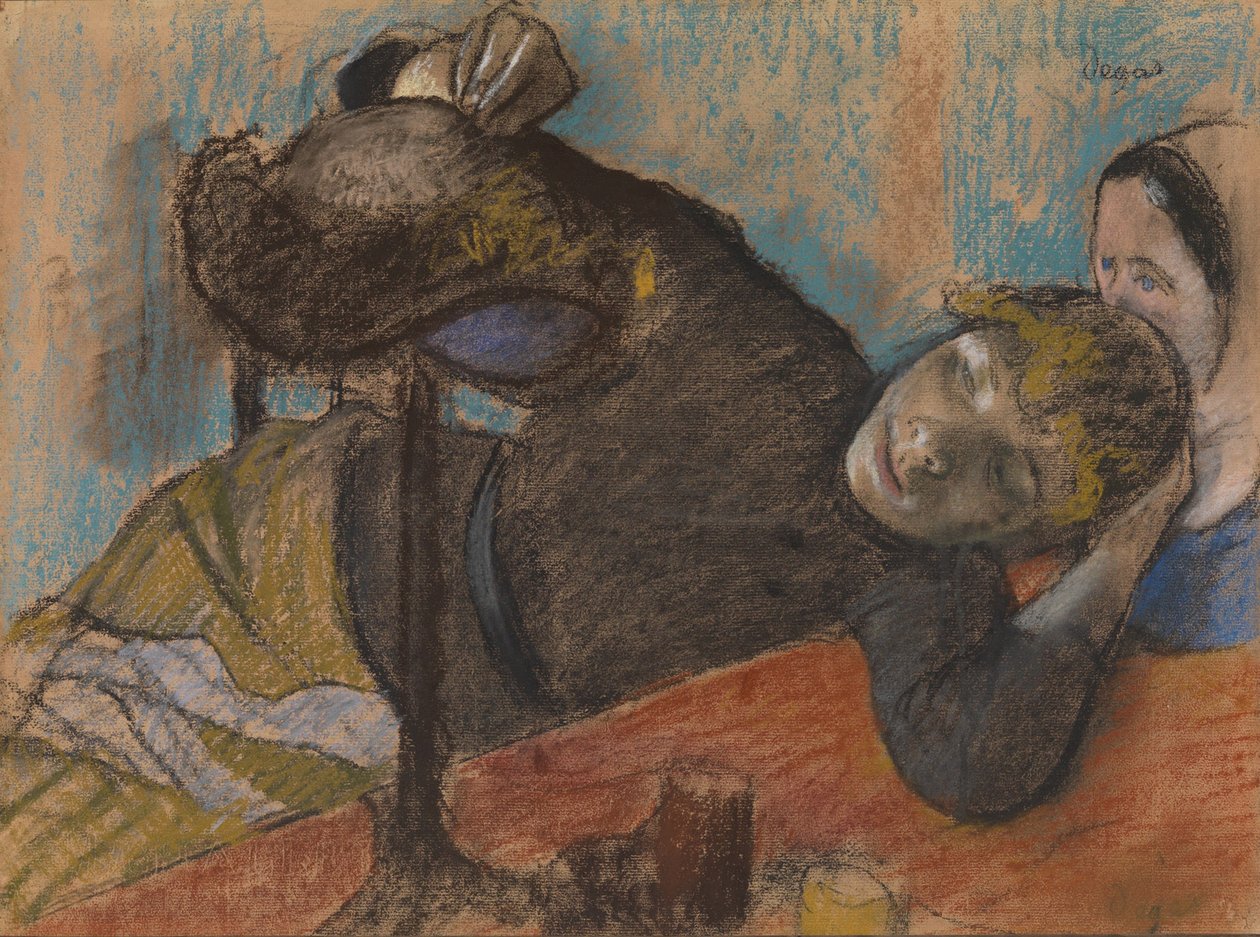 The Milliner, 1882 körül (pasztell és faszén, meleg szürke szőtt papíron, sötétbarnára fektetve) alkotó: Edgar Degas