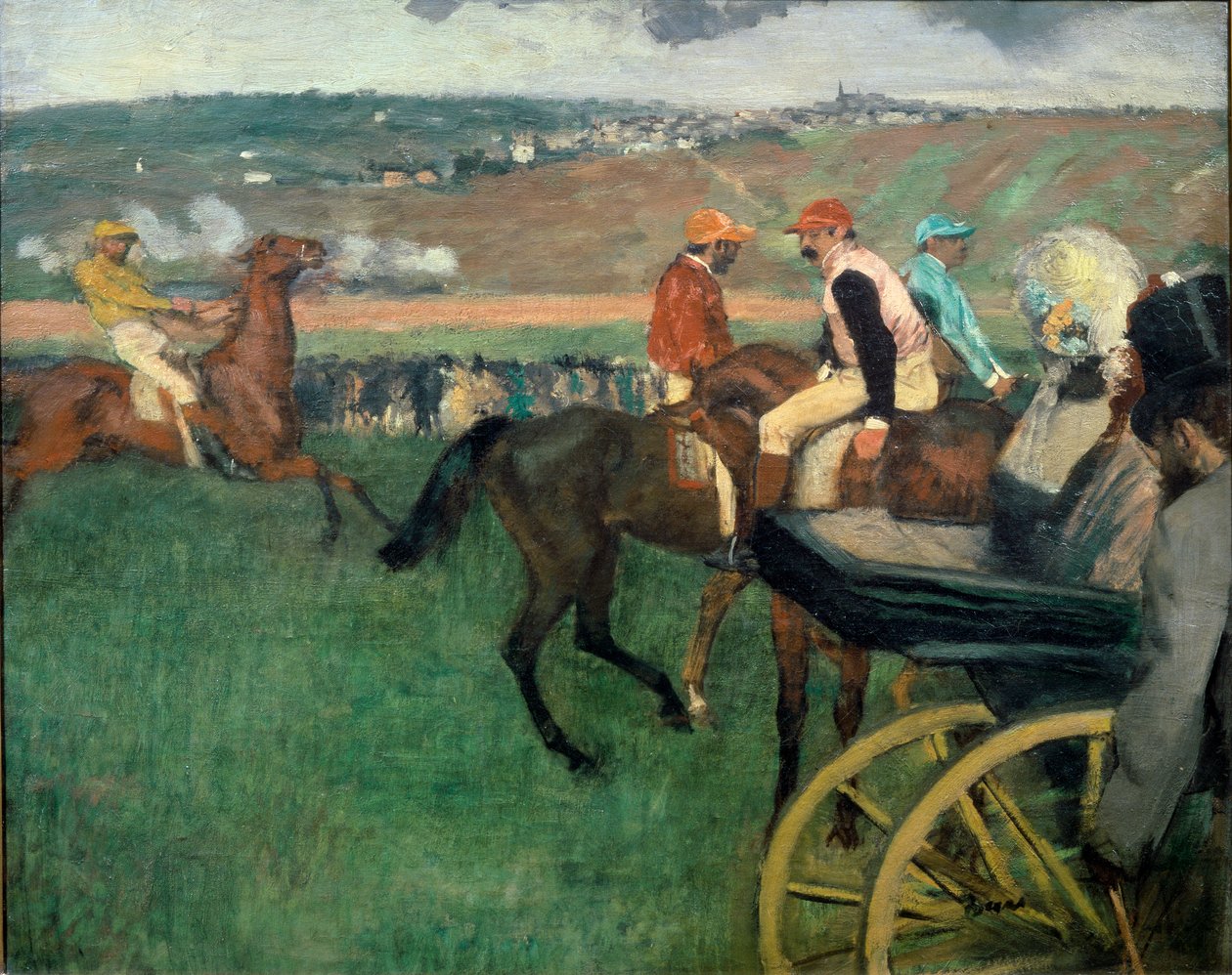 Versenypálya, amatőr zsoké egy kocsi közelében alkotó: Edgar Degas