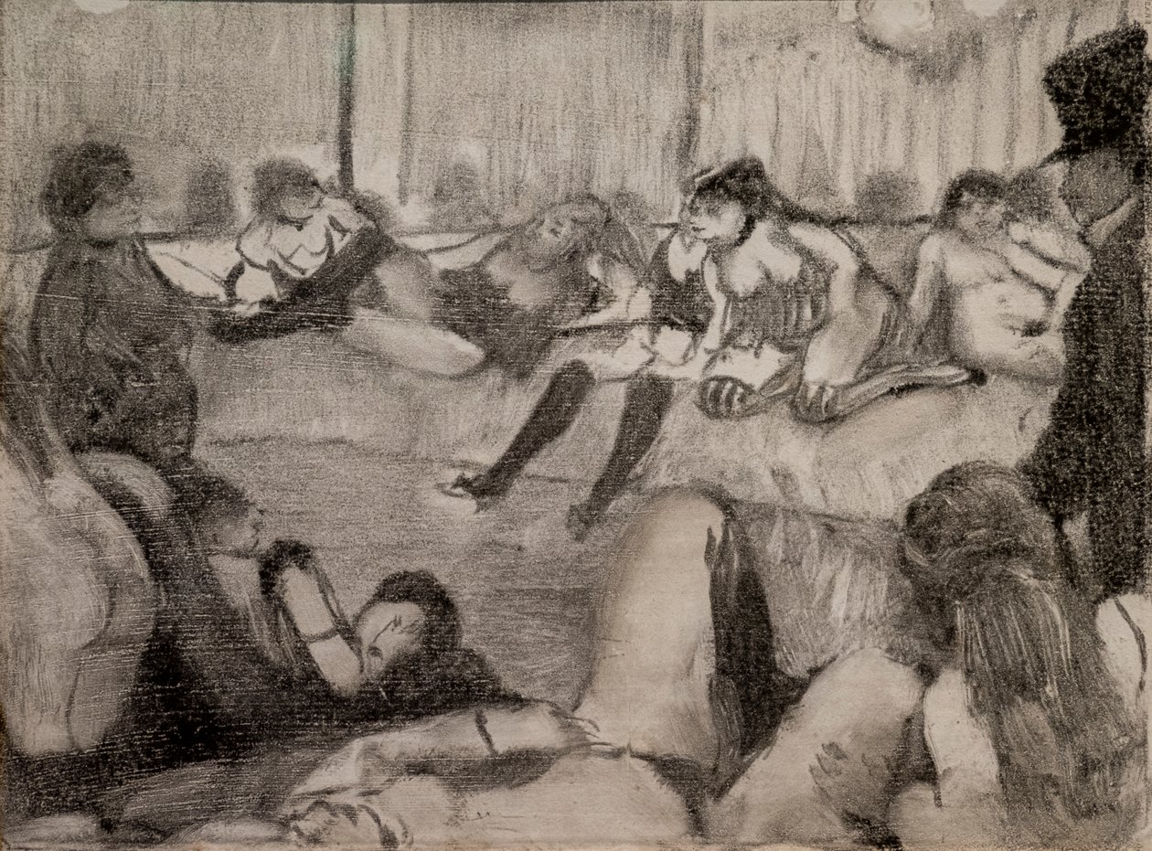 A Szalon. 1879. A monotípia fekete tintával rendelkezik, pasztell kiemeli. alkotó: Edgar Degas