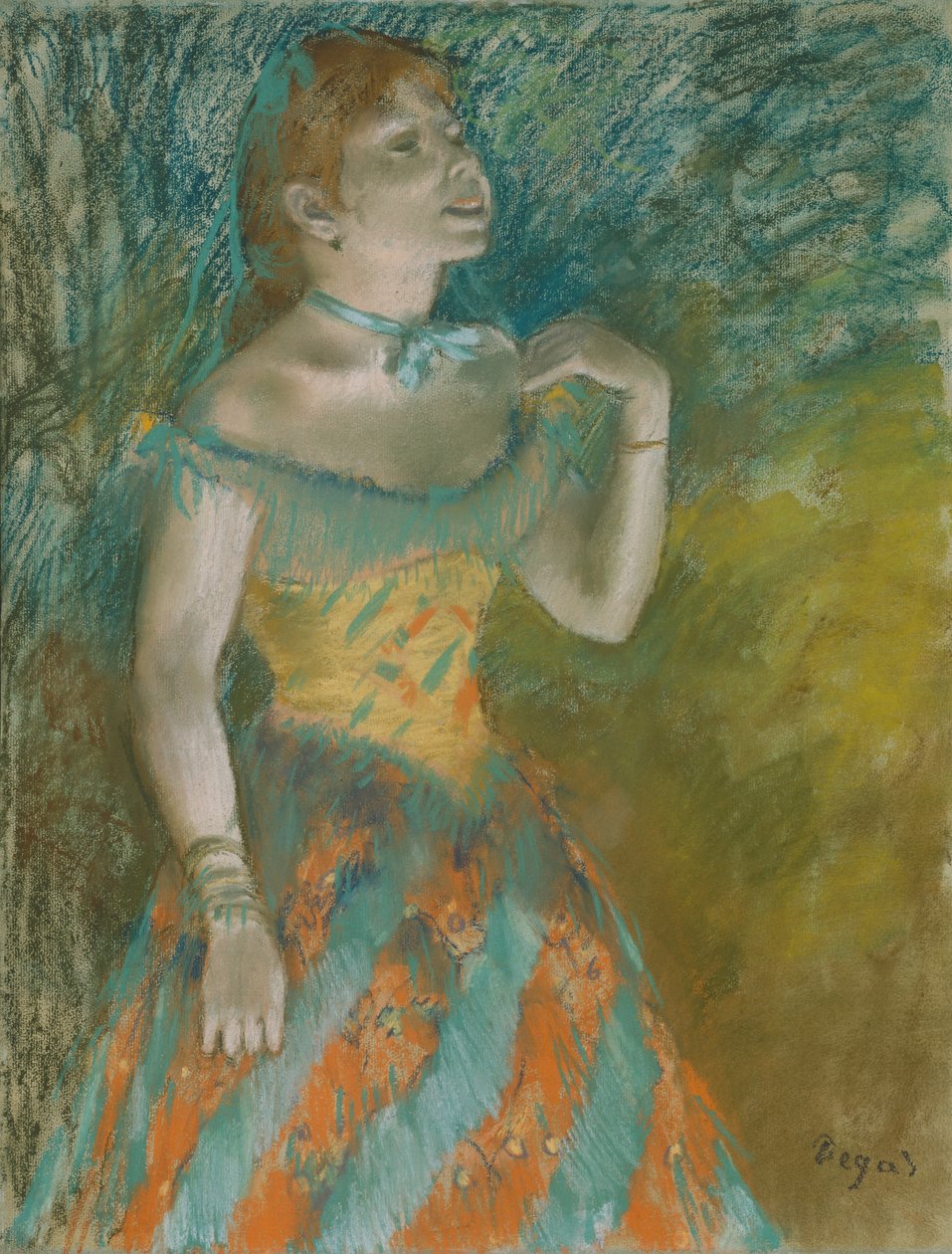 Az énekes zöldben, 1884 körül (pasztell világoskék papírra) alkotó: Edgar Degas