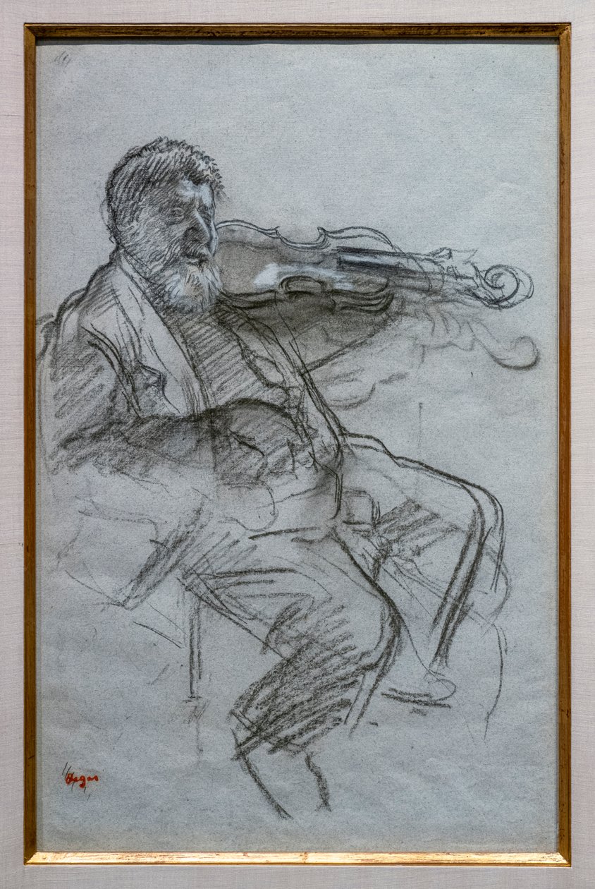 A hegedűs. 1879. Faszén és fehér kréta kiemelések kék-szürke papíron. Boston, Szépművészeti Múzeum, William Francis Warden Fund. alkotó: Edgar Degas