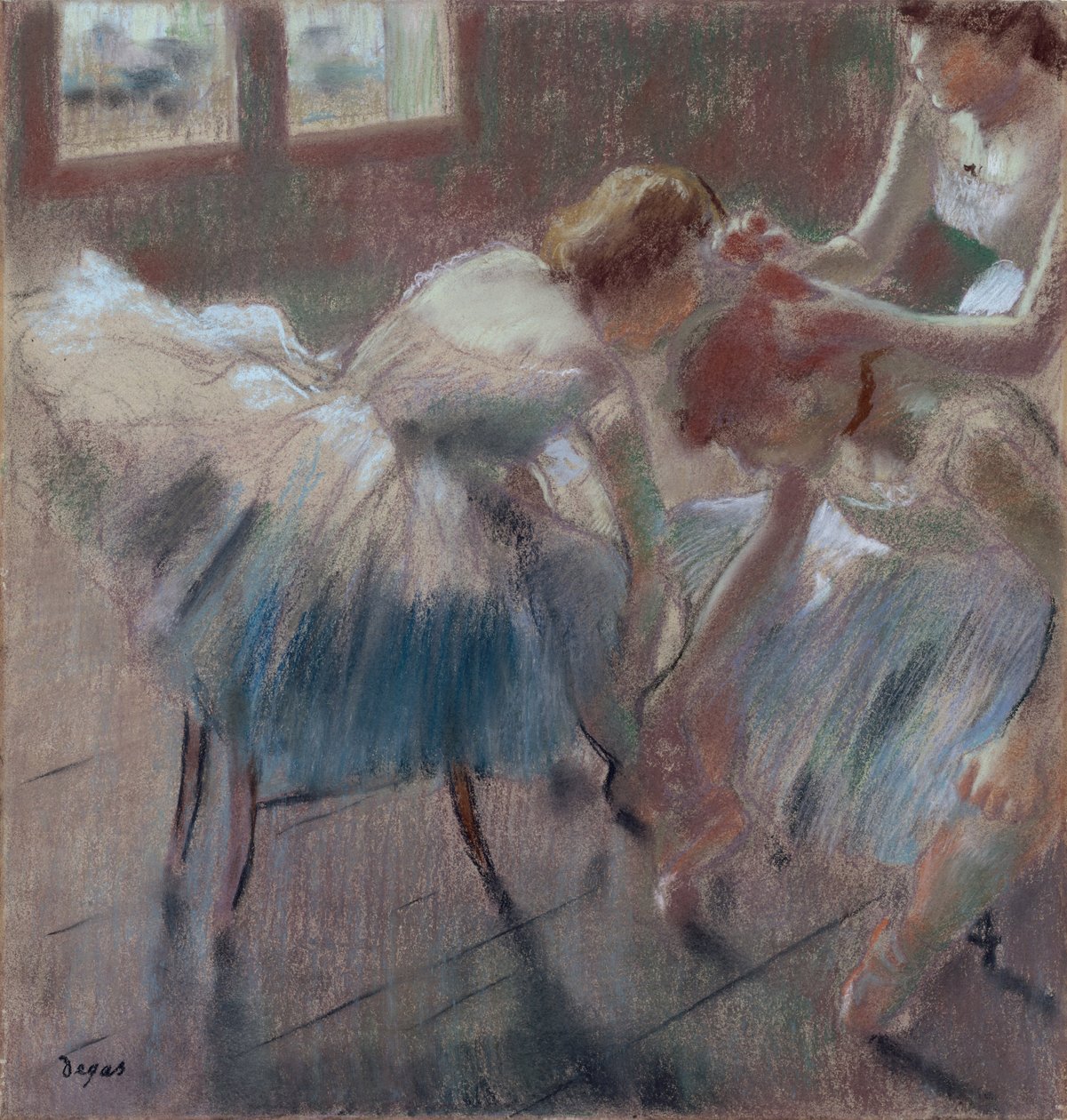 Három táncos készül az órára, 1880 körül (pasztell szőtt színű papíron) alkotó: Edgar Degas