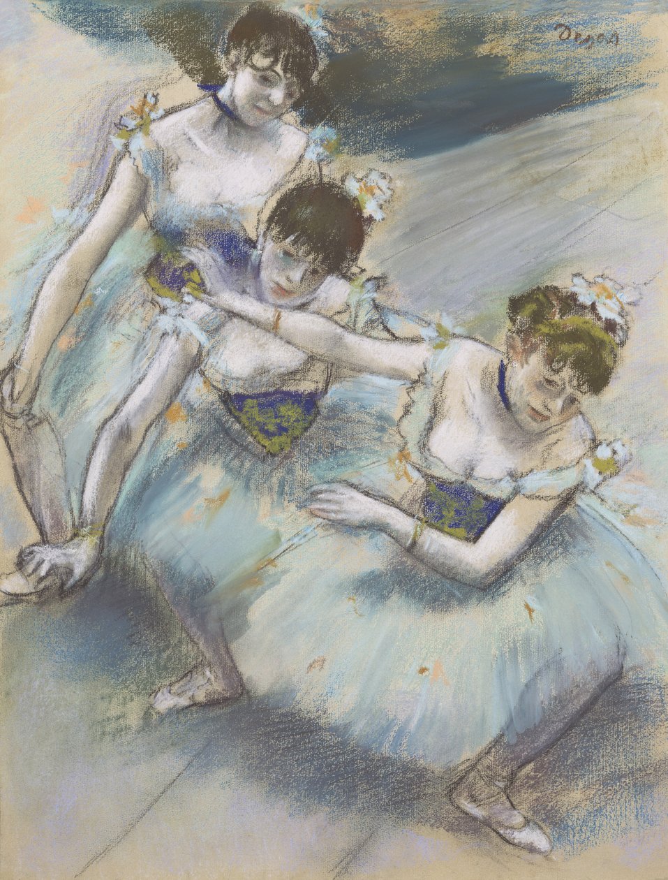 Három táncos átlós vonalban a színpadon, 1882 körül (pasztell) alkotó: Edgar Degas