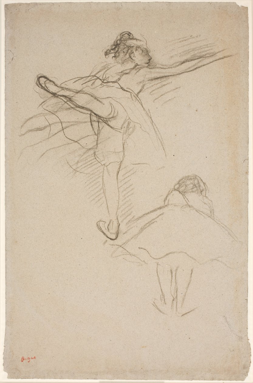 Két tanulmány női táncosokról. Fent, bal lábán álló táncosnő; lent, előrehajolt táncos hátulról nézve alkotó: Edgar Degas