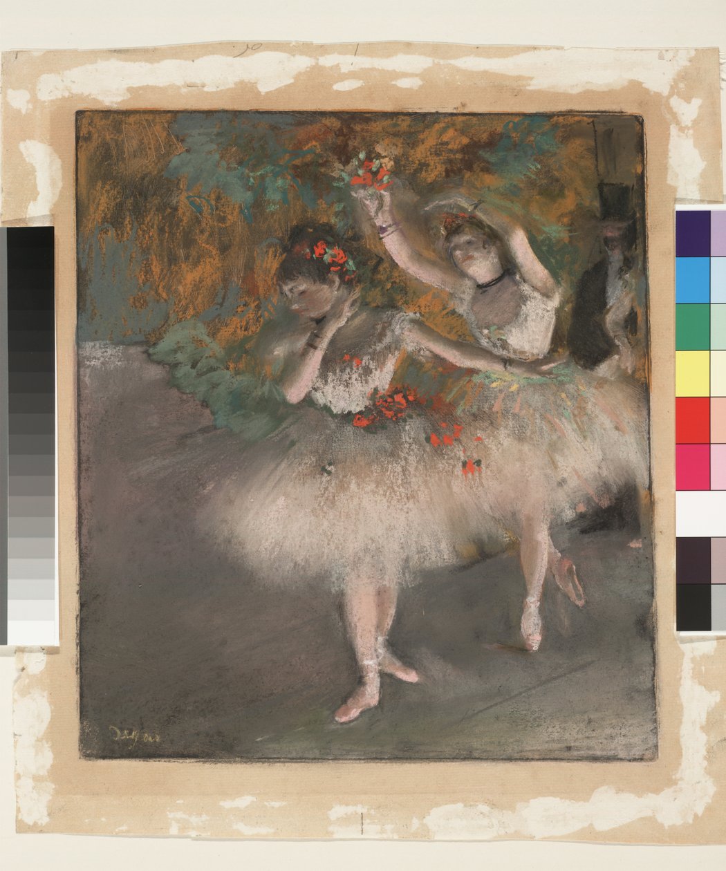 Két táncos lép a színpadra, 1877-78 körül (pasztell monotípia felett, papíron) alkotó: Edgar Degas