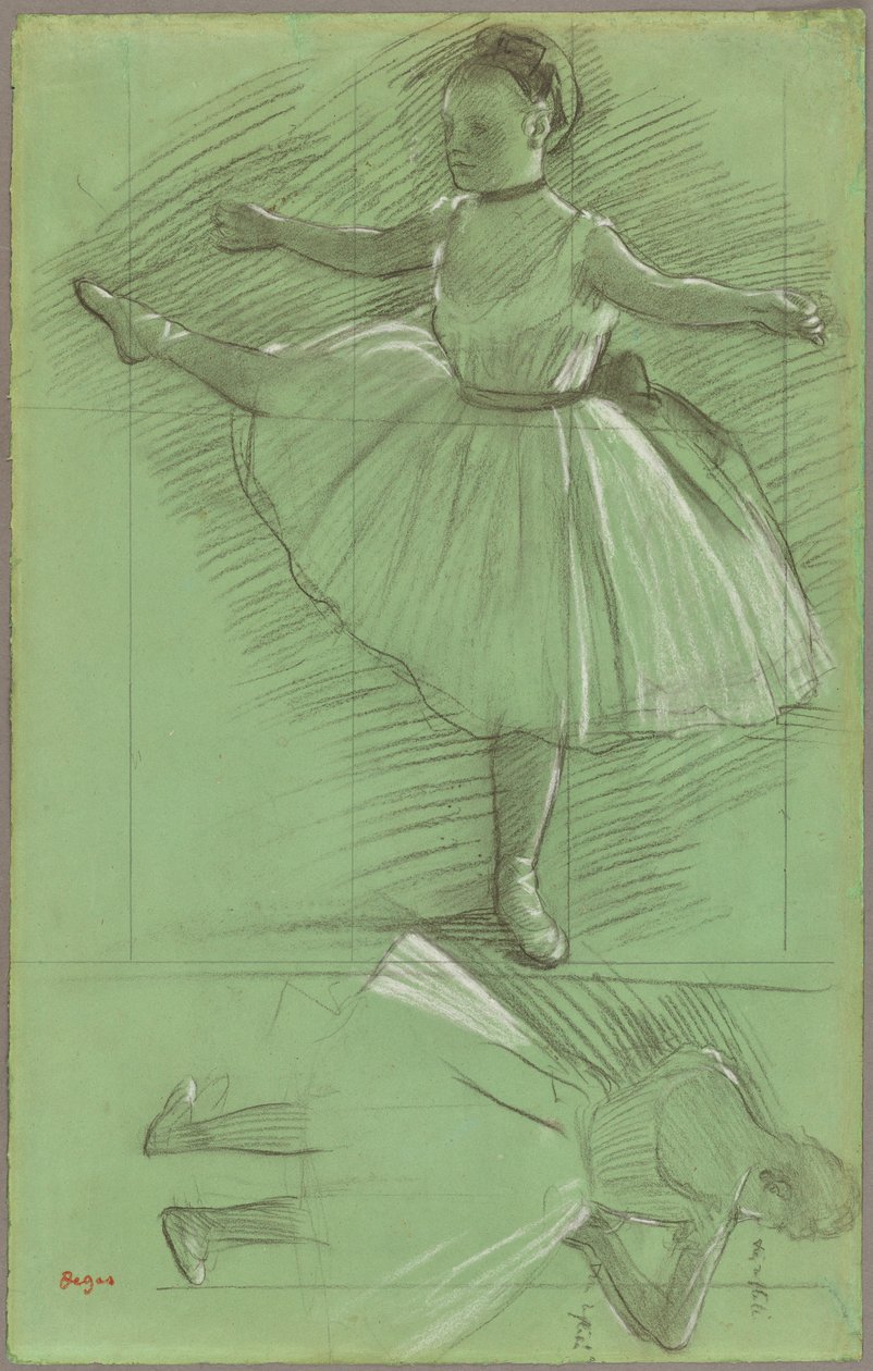 Two Studies of Dancers, 1873 körül (fekete-fehér kréta zöld papíron) alkotó: Edgar Degas