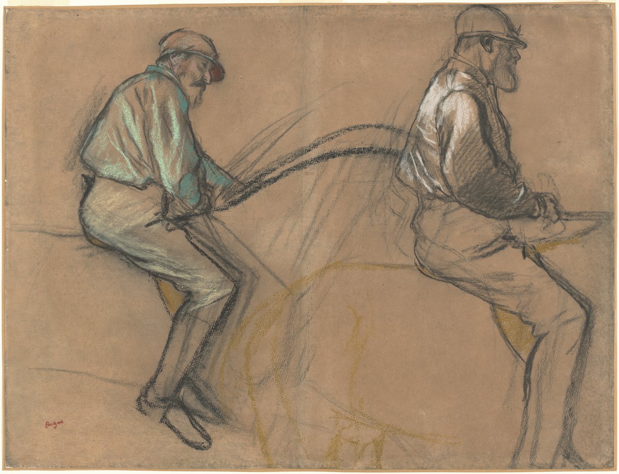 Két tanulmány egy zsokéról, 1884 körül (kréta, szén és pasztell barna fektetett papíron) alkotó: Edgar Degas
