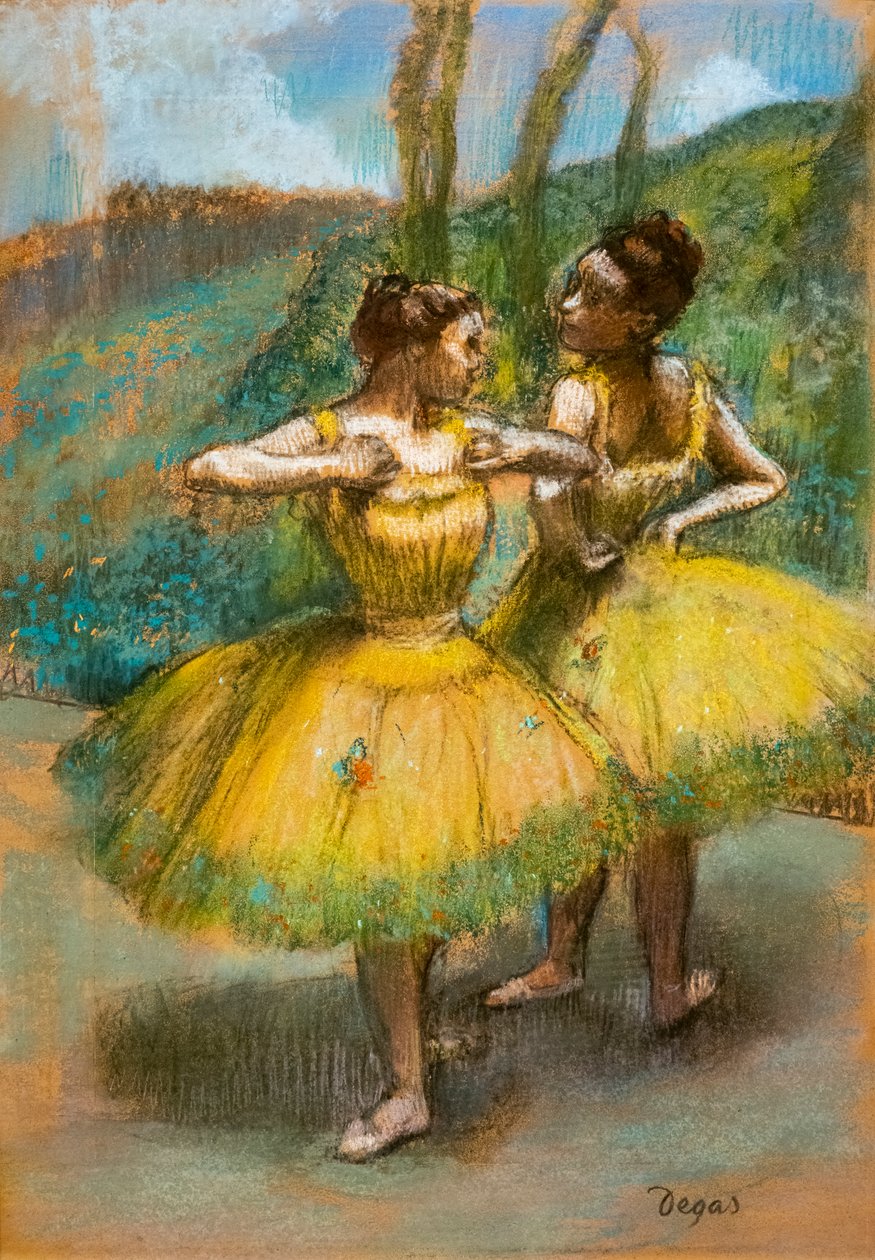 Két táncos sárga ruhában. 1896 körül. Pasztell és szén két papírcsíkon. alkotó: Edgar Degas