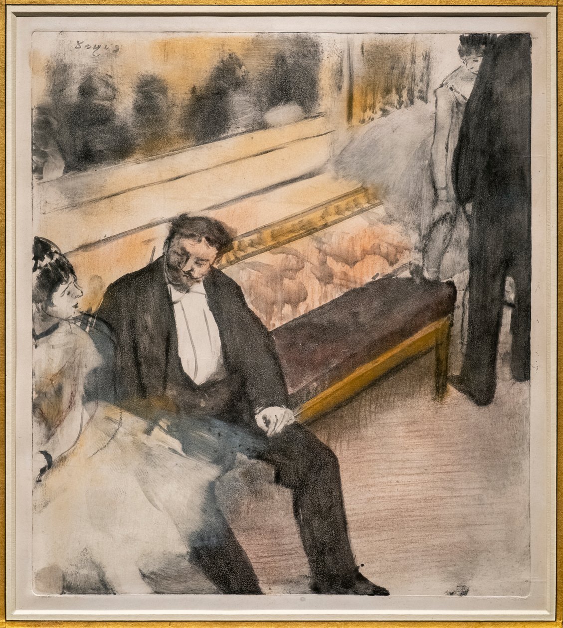 Két férfi és két táncos. 1876-1877 körül. Pasztell monotípián. alkotó: Edgar Degas
