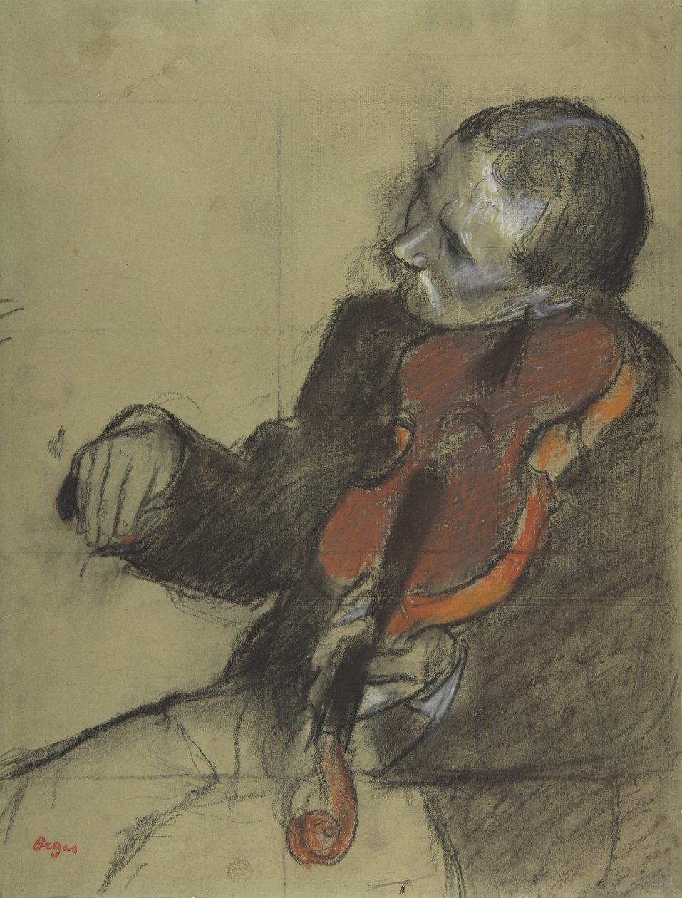 Hegedűművész, Tanulmány a táncórához, 1878-79 (pasztell és szén, zöld szőtt papíron) alkotó: Edgar Degas