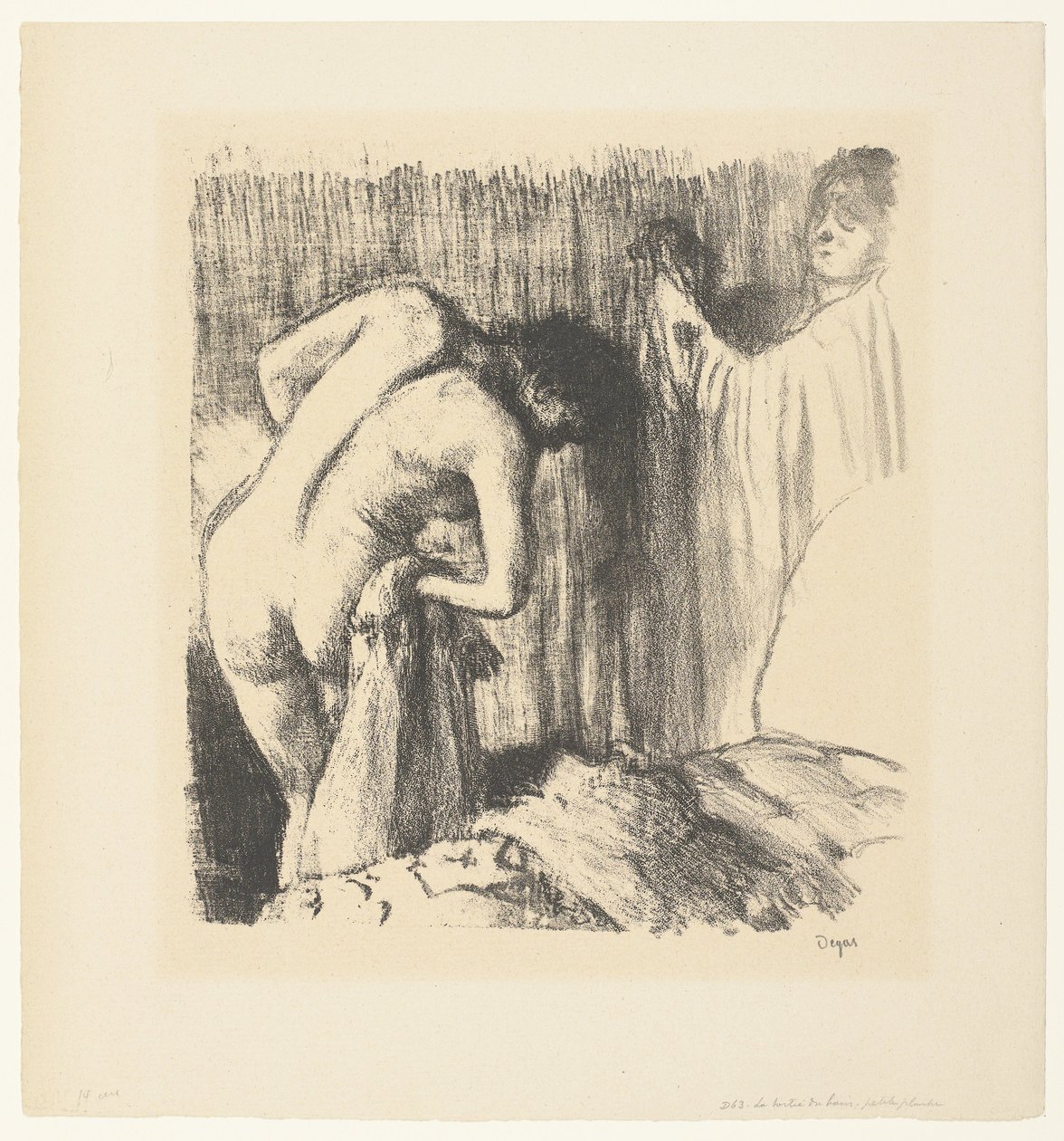 A nő megszárítja magát a fürdő után, és ruhát ad neki a nőtől La sortie du bain alkotó: Edgar Degas