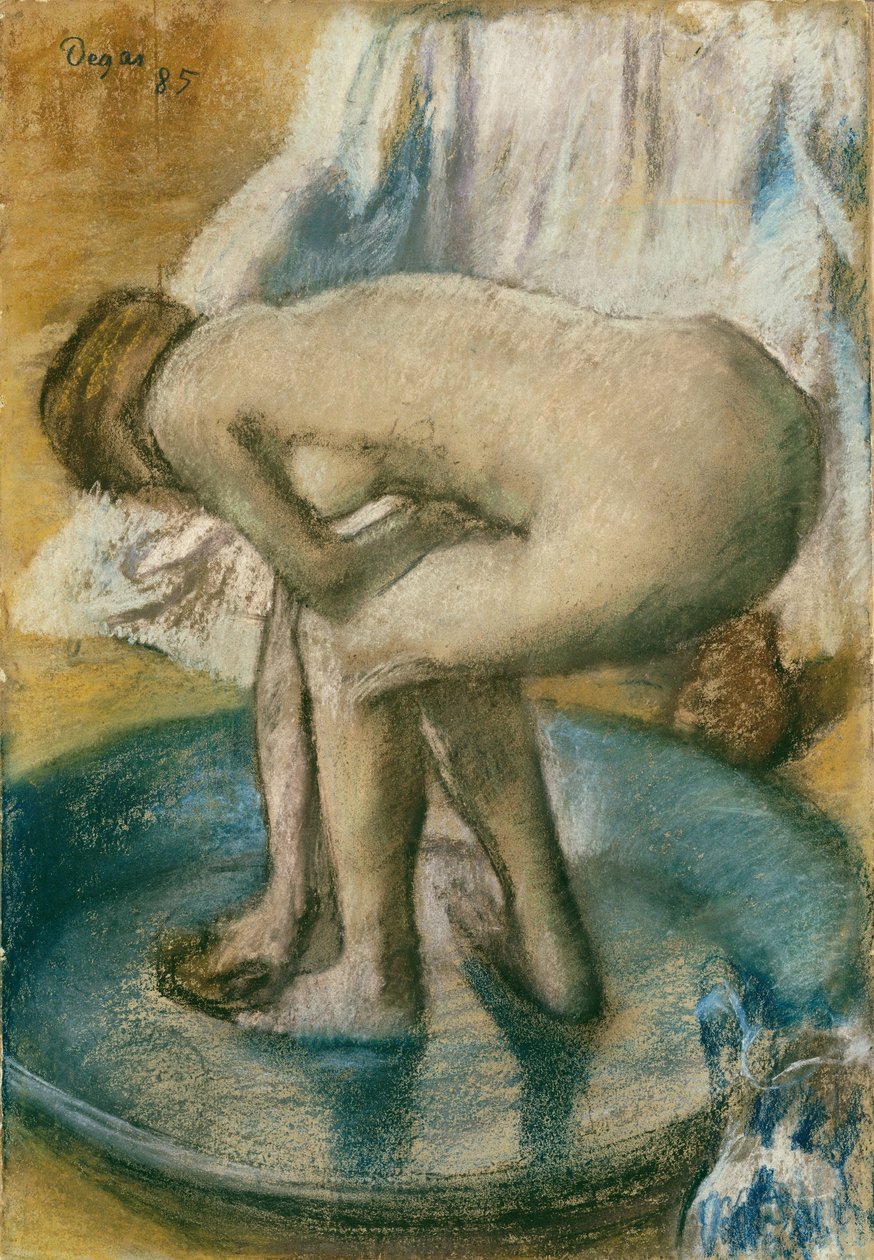 Sekély kádban fürdő nő, 1885 (szén és pasztell, világoszöld szőtt papíron, selyemcsavarra fektetve) alkotó: Edgar Degas