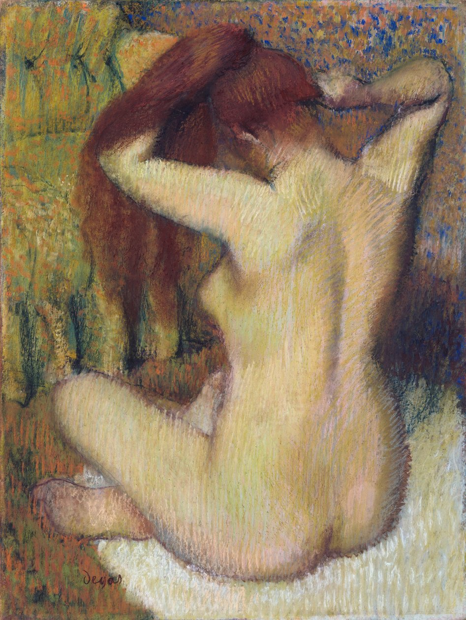 Haját fésülködő nő, 1888-90 körül (pasztell, világoszöld szőtt papíron, rögzítve a tartóra) alkotó: Edgar Degas