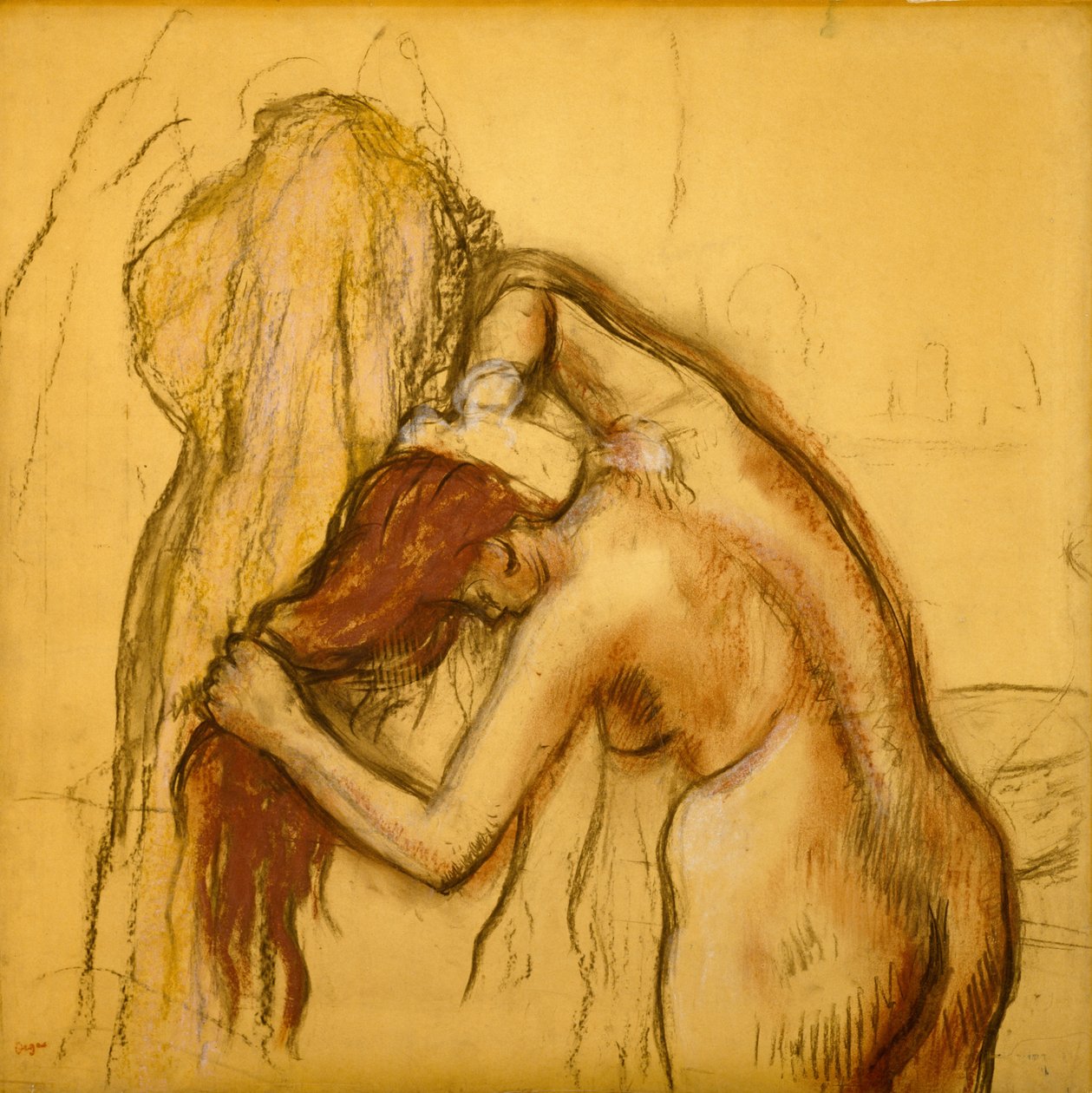 Magát szárító nő, 1905 körül (faszén és pasztell, papírra fektetett pauszpapíron) alkotó: Edgar Degas