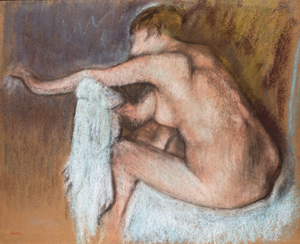 nő szárítja karját; Karját törölgető nő, 1884 körül alkotó: Edgar Degas