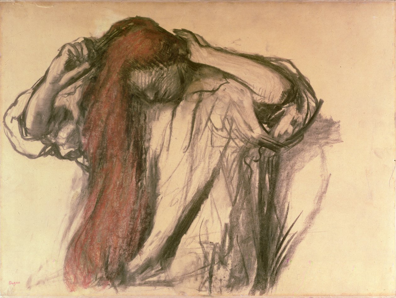 Haját fésülködő nő (szén és pasztell) alkotó: Edgar Degas
