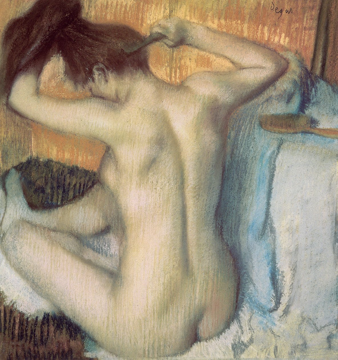 Haját fésülködő nő, 1885 körül (pasztell) alkotó: Edgar Degas