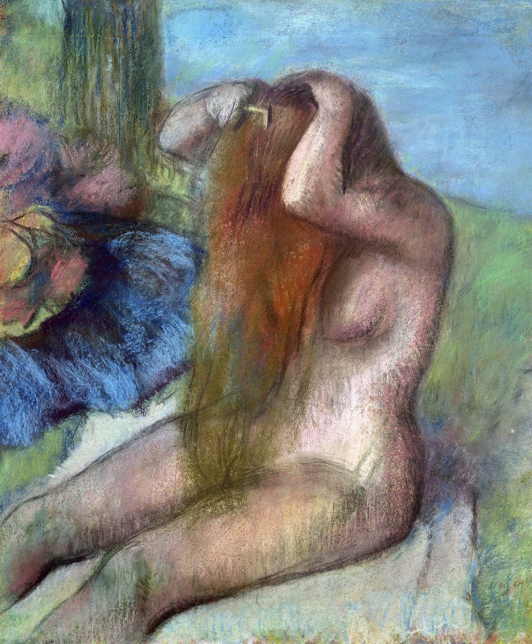 Nő csinál a haját, 1895 körül (pasztell) alkotó: Edgar Degas