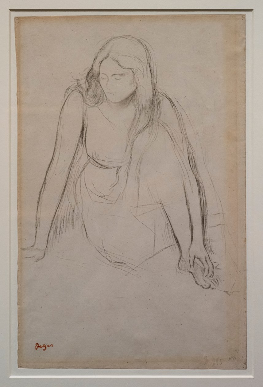 Nő ül a víz partján. 1867-1868 körül. Fekete ceruza velin papíron. alkotó: Edgar Degas