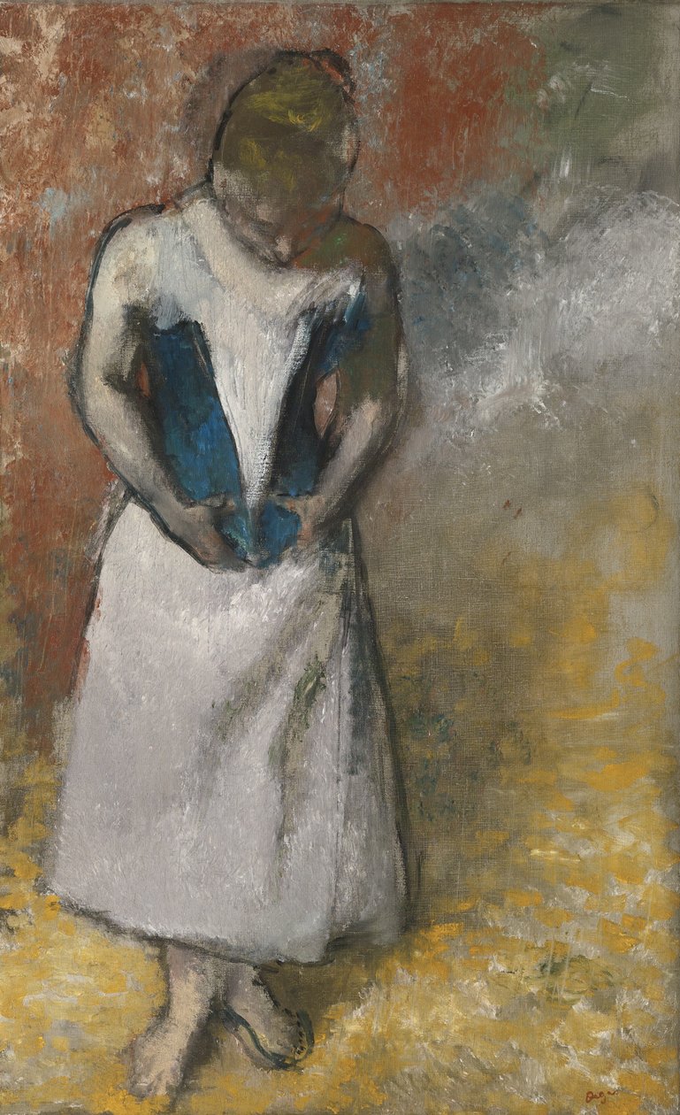 Elölről álló, fűzőjét összefogó nő, kb. 1883 alkotó: Edgar Degas