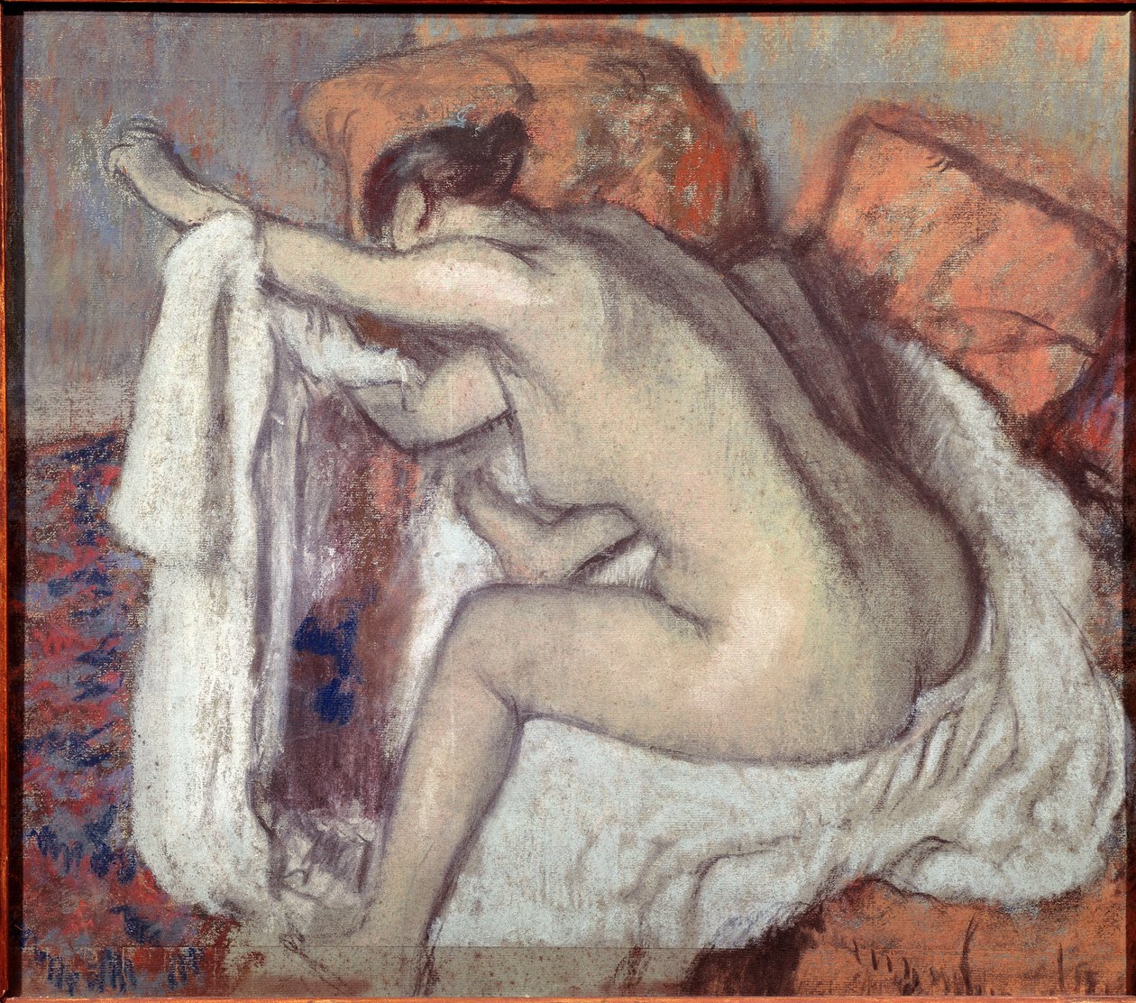 Nő törölgette a karját. Edgar Degas (1834-1917) festménye. Pasztell. Sao Paulo Művészeti Múzeum, Brazília alkotó: Edgar Degas