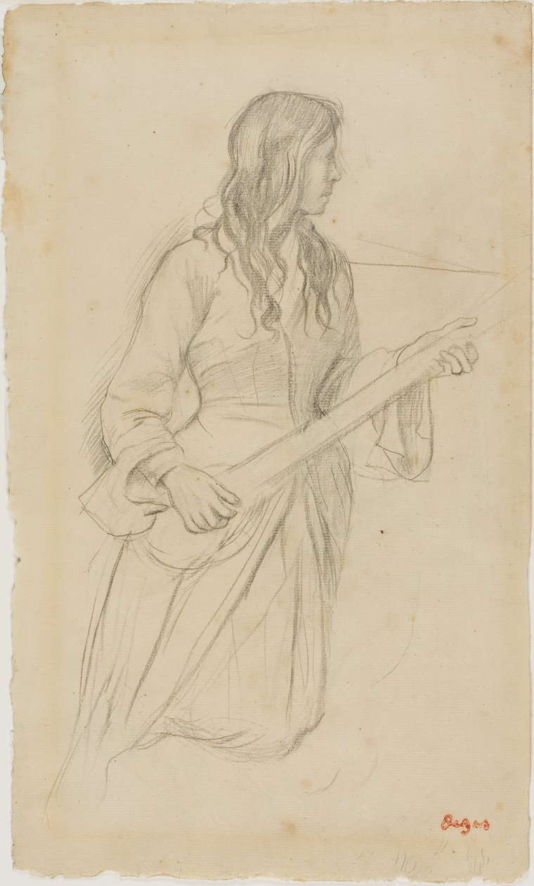 Mandolinon játszó fiatal nő, tanulmány Mlle. Fiocre portréjához a "La Source" balettben alkotó: Edgar Degas