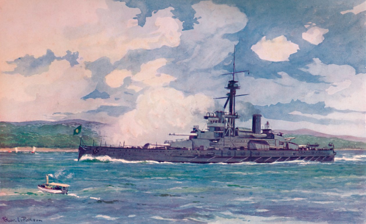 A brazil szuper-dreadnought Minas Geraes Rióhoz közeledik, 1914 alkotó: Edgar L. Pattison
