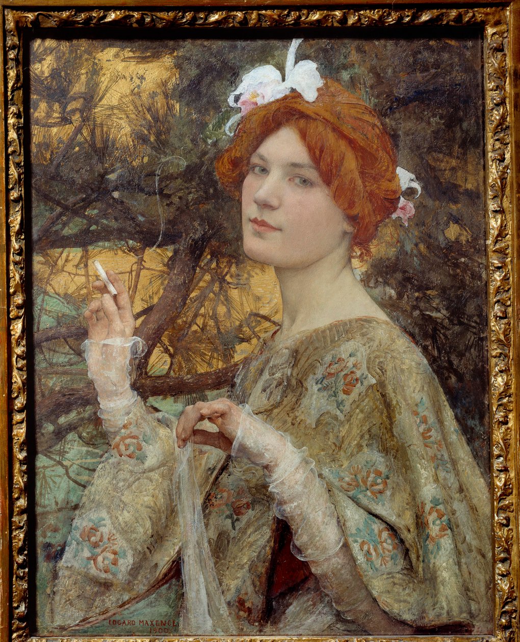 Egy fiatal vörös hajú nő, aki cigarettát tart a kezében és orchideát visel a hajában alkotó: Edgar Maxence