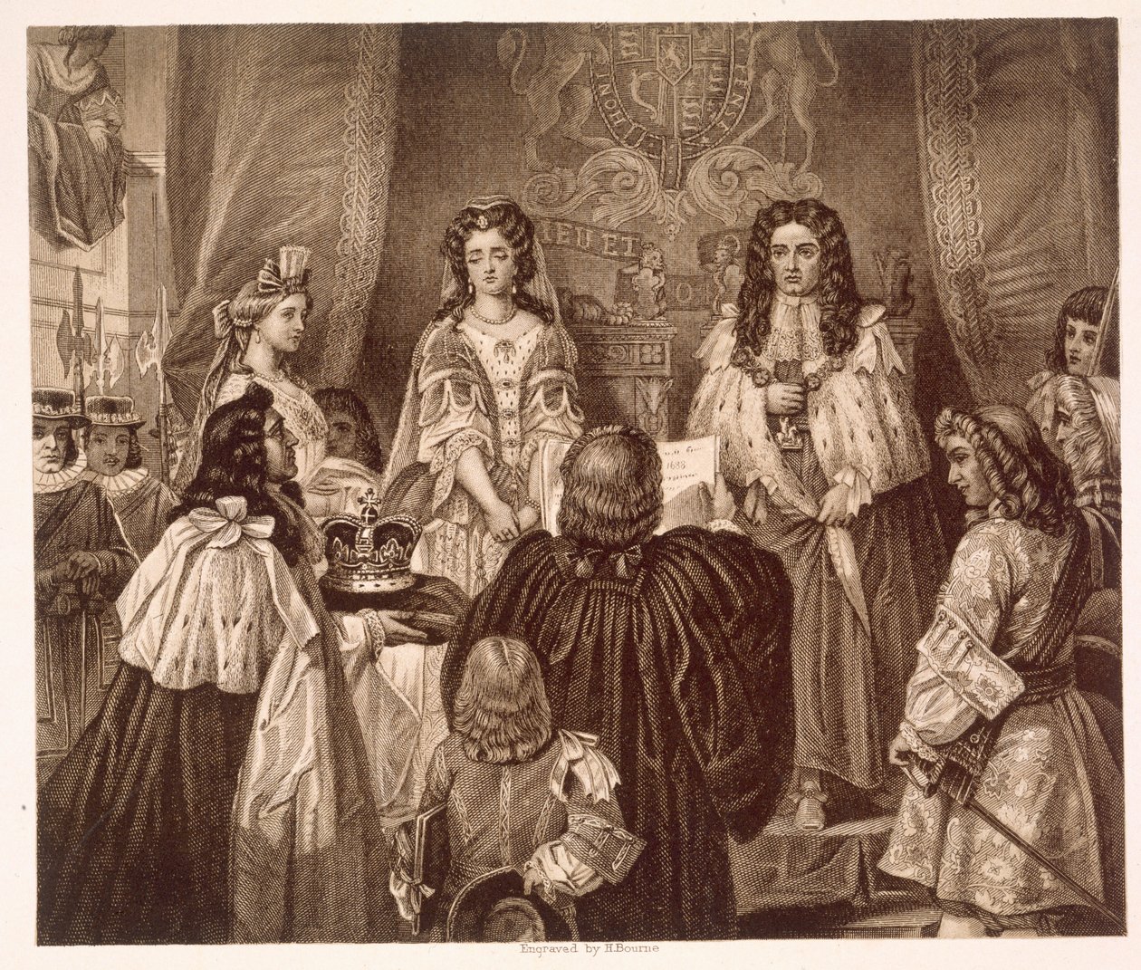 A koronát a Lords and Commons felajánlotta Williamnek és Marynek Whitehallban, február 12-én alkotó: Edgar Melville (after) Ward
