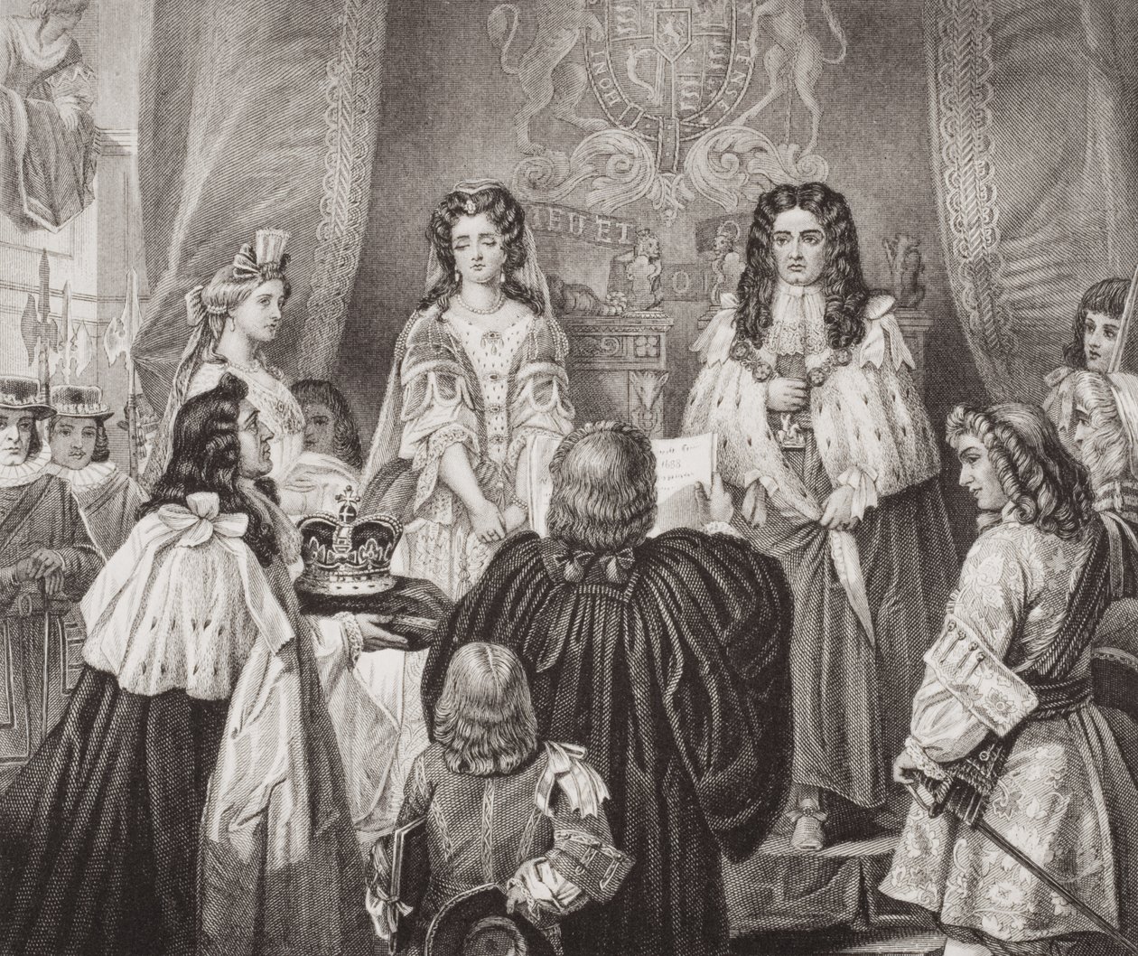 A korona, amelyet a Lords and Commons felajánlott Vilmosnak és Máriának a Whitehallban, 1689. február 12-én, az „Illustrations of English and Scottish History” II. alkotó: Edgar Melville Ward