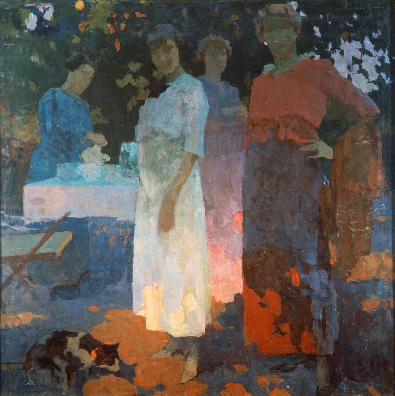 Reggeli a kertben, készítette: Edgardo Curcio (1881-1923), olaj, vászon, 82x82 cm. Olaszország, XX. század. alkotó: Edgardo Curcio
