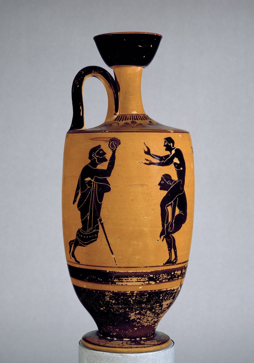 Padlás fekete figurás lekythos, egy fiatalnak labdát dobó öregemberrel díszítve, Kr.e. 500 körül (kerámia) alkotó: Edinburgh Painter