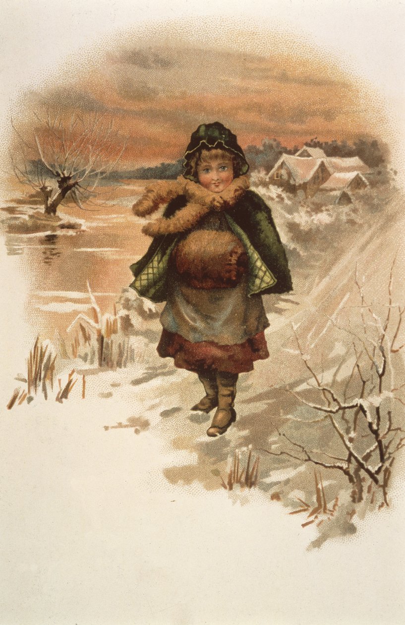 Lány a havas úton, illusztráció a Hol élnek a liliomok, 1889 alkotó: Edith S. Berkeley
