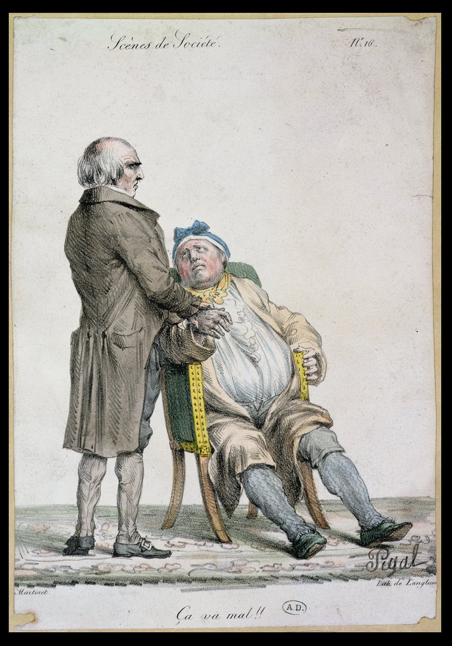 "Nem vagy nagyon jól!", a gazdag ember orvosának ábrázolása, Langlume (1822-24) metszete 1825 alkotó: Edme Jean Pigal