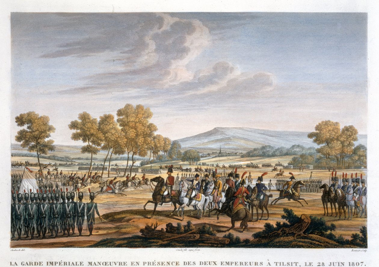 „A birodalmi gárda manőverezése a két császár jelenlétében Tilsitben, 1807. június 28.”. alkotó: Edme Bovinet