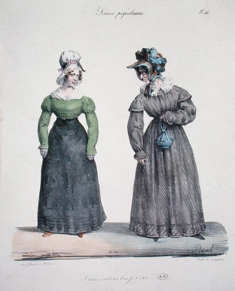 Karikatúra egy féltékeny úrnőről a szolgálójával, 40-es táblaszám a „Scenes Populaires” sorozatból, Langlume metszet, 1820 körül (színes litó) alkotó: Edme Jean (after) Pigal