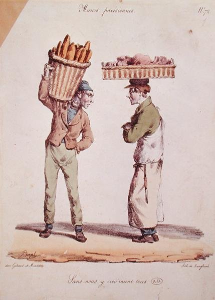 Két beszélgető fiatal kereskedő karikatúrája, 72-es táblaszám a „Moeurs Parisiennes” sorozatból, Langlume metszete, 1820 körül (színes litó) alkotó: Edme Jean (after) Pigal