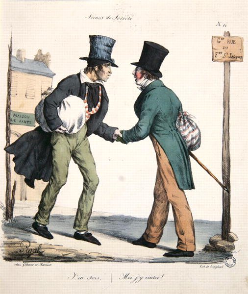 Az egyik férfi távozik, a másik visszatér a kórházba, karikatúra a "Moeurs Parisiennes" sorozatból, Langlume metszete, 1825 körül (színes litográfia). alkotó: Edme Jean (after) Pigal