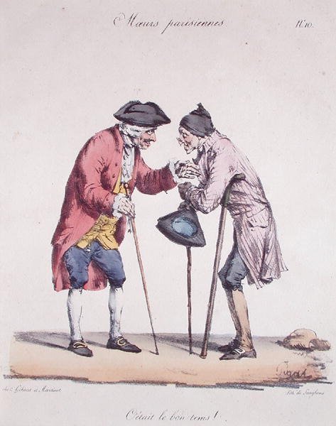 „Azok voltak a régi szép idők”, karikatúra a „Moeurs Parisiennes” sorozatból, Langlume metszete, 1825 körül (színes litó) alkotó: Edme Jean (after) Pigal