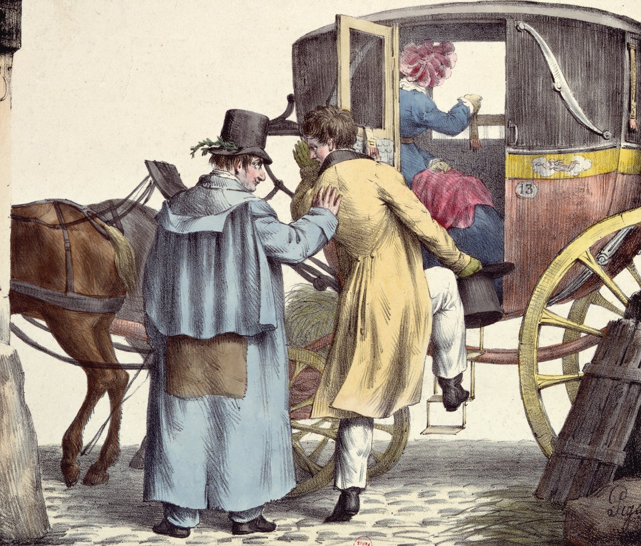 Merre megyünk?...Mindig egyenesen, karikatúra a Moeurs Parisiennes sorozatból, Langlume metszet, 1825 körül alkotó: Edme Jean after Pigal